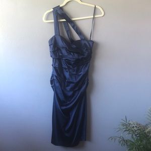 Blue satin ruched dress